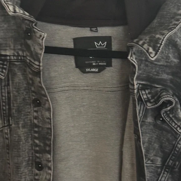 2X Blue Crown Acid Wash Denim Jacket 2XL Hooded Grey Skater Tillys - Picture 3 of 10